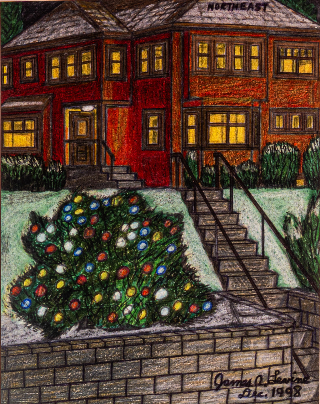 James A. Levine "House with Christmas Lights" Art Print 8 X 10