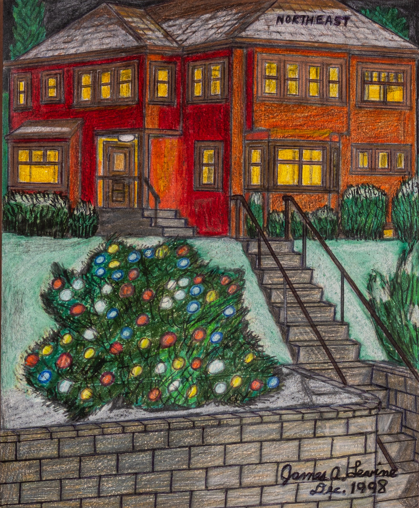 James A. Levine "House with Christmas Lights" Art Print 8 X 10